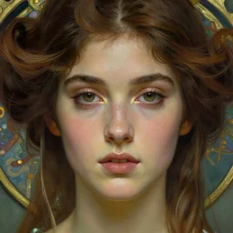 beautiful young woman detailed realistic face portrait by krenz cushart and jean delville, art nouveau, symbolist, visionary