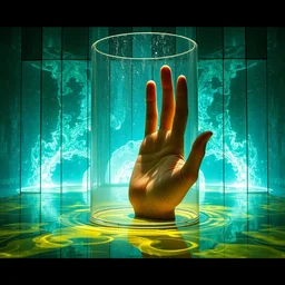 a room of glass and oil, water caustics, the giant hand is inside, euphoria, transcendence!!, film still from the movie directed by denis villeneuve and david cronenberg with art direction by salvador dali and dr. seuss