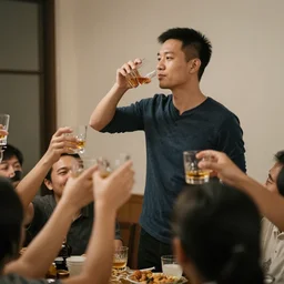 asian man drinking whiskey standing up and saying cheers to a crowd