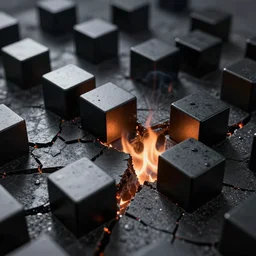 shiny black cubes, crashed in the ground, cracks, gas fire in cracks, hd photograph