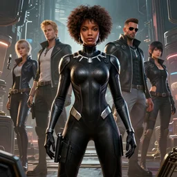 highly detailed an african american woman in with the black panter random suit from the future gta v, stephen bliss, unreal engine, fantasy art by greg rutkowski, loish, rhads, ferdinand knab, makoto shinkai and lois van baarle, ilya kuvshinov, rossdraws, tom bagshaw, global illumination, radiant light, detailed and intricate environment