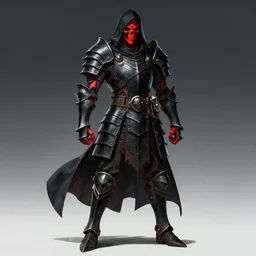 a full body shot of a Skeleton warrior by Tomohiro Shimoguchi, red skeleton face,black hood, black heavy armor, wears shorts, highly detailed,artstation,manga