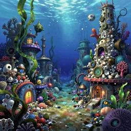 painted anime background of an underwater mall in the slums built from various coral seashells and being reclaimed by nature, seaweed, light diffraction, litter, steampunk, cyberpunk, caustics, anime, vhs distortion, inspired by splatoon by nintendo, art created by miyazaki
