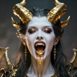 a front facing portrait of a demon woman with white skin and huge gold laced horns, her mouth is open showing sharp teeth and liquid gold falling from her mouth, moody lighting, lens flare, atmosphere, glow, detailed, intricate, full of colour, cinematic lighting, trending on artstation, 4 k, hyperrealistic, focused, extreme details, unreal engine 5, cinematic, masterpiece