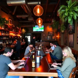 a hip san francisco bar with chill tunes and people on laptops