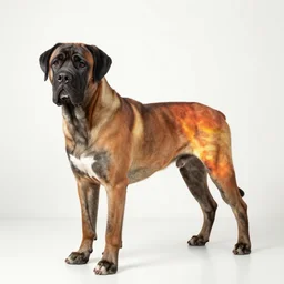 a sunset patterned bullmastiff in a white room