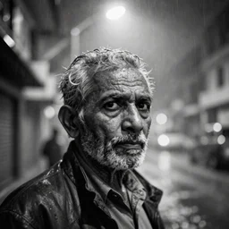 Monochrome portrait of an intense old Nepali man on a rainy misty Kathmandu street at night, the only light source are bright overhead street lights, close-up, motion blur, grainy Tri-x pushed to 3200, 24mm tilt-shift, water drops on the lens, holga