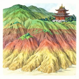 a geological chart with layers of colourful strata fused with a temple, yoshitaka amano, stanley donwood