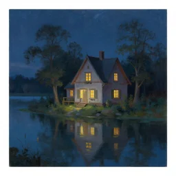 painting of a house by a lake at night, a storybook illustration by gediminas pranckevicius, featured on artstation, fantasy art, storybook illustration, artstation hq, atmospheric