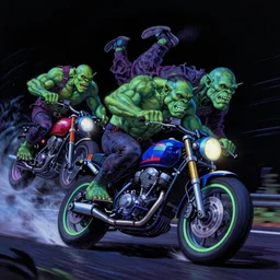 psychedelic blacklight airbrush artwork, motorcycles, hyper stylized action shot of orc bikers racing on motorcycles, menacing orcs, drifting, skidding, wheelie, motorcycle tricks, clear focused details, soft airbrushed artwork, black background, cgsociety, artstation, stunning, masterpiece