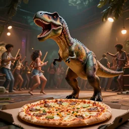 dinosaur dance party with pizza, dramatic lighting, cinematic, establishing shot, extremely high detail, foto realistic, cinematic lighting, post processed, concept art, high details, cinematic, 8k resolution, beautiful detailed, photorealistic, digital painting, artstation, concept art, smooth, sharp focus, artstation trending, octane render, unreal engine