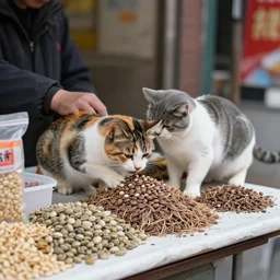 photo of a cat selling beans at a street stall