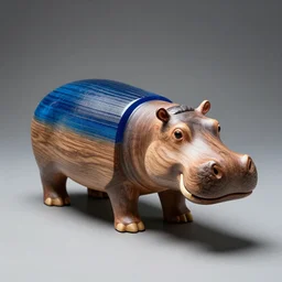 a photo of a model hippo made with a combination of [ elm wood!!! ] and composite [ blue epoxy resin!! ] in straight lines, dramatic lighting, epoxy resin, studio zeiss 1 5 0 mm f 2. 8 hasselblad, award - winning photo, full subject shown in photo, wood