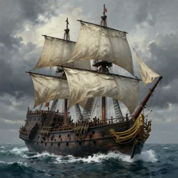 the black pearl pirate ship in storm at sea. extreme fine detail background, highly detailed, cinematic, high quality, digital painting, hyperrealistic, by gaston bussiere, j. c. leyendecker, craig mullins