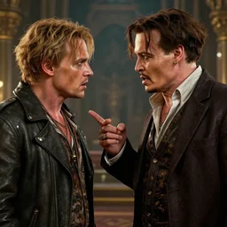 highly detailed vfx portrait of johnny depp arguing with amber heard, unreal engine, chrome reflect, greg rutkowski, global illumination, detailed and intricate environment