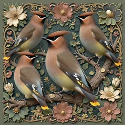 3 d rendering of ethereal bohemian waxwing bird, bombycilla garrulus, intricate details, ornate, detailed, octane render, johanna rupprecht, william morris, trending on artstation, a bird sitting on top of a tree filled with flowers, by marco mazzoni, featured on cgsociety, rococo, whimsical, artstation