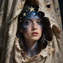 portraits with stars and hanging torn silk drapery and broken tapestries, light dust, magnificent, close up