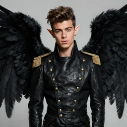 portrait painting of zayn malik as with black angel wings and elf ears by jeremy mann, wearing leather napoleonic military style jacket, pointy ears, large black wings background, black wings, black angel wings