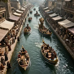 cinematic, high - fantasy, crowded marketplace canal, blue and gold boats, hundreds of people, hybrid from the lord of the rings and art direction by darius zawadzki, sharp focus, highly detailed, wideshot ultrawide angle epic scale, dynamic dramatic ighting, shadows, cinematic atmosphere, artstation, hyperrealistic 3 d digital art, octane render, 8 k 4 k uhd image