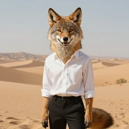 character portrait of a happy furry anthro coyote wearing a white button - down shirt and black slacks in the desert wilderness, intricate, elegant, highly detailed, digital painting, artstation, concept art, smooth, sharp focus, illustration, art by krenz cushart and artem demura and alphonse mucha