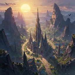 eerie but beautiful lovecraftian eldritch ancient dream city Kilion lay between tall obsidian dark mountains, basked in the warm light of the sun, bird\'s eye view, fantasy art, colorful, main cathedral to forgotten gods towering over lazy streets, cinematic lighting, enchanted, heroic history, by Filip Hodas, by Wayne Barlowe, by John Harris
