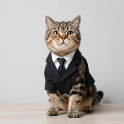 Full length Portrait of a tabby British shorthair cat in a suit, wide angle