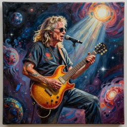 beautiful detailed acrylic painting of a psychedelic and hardcore dave munstaine play music in the cosmos