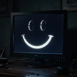 black smiley face electronic monitor, doom, dark room, unsettling, flash photo, hyperrealism, 8 k