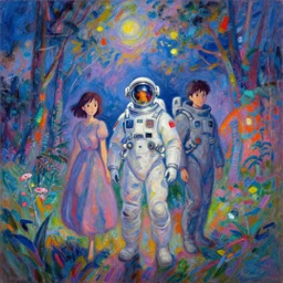 ground control to major tom, fantastic characters in the scene, epic cyberpunk, lofi vibe, colorful, vivide colors, amazing light, really beautiful nature, oil painting, by jeremy lipkin, by claude monet, by makoto shinkai, kandinsky touches, multiple brush strokes, inspired by ghibli, masterpiece, beautiful