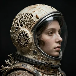 a woman's face in profile, wearing a space helmet made of intricate delicate seaweed skeleton, in the style of the dutch masters and gregory crewdson, dark and moody