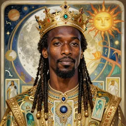 mahershala ali portrait by louis - theophile hingre and alphonse mucha, realistic, sharp focus, zodiac signs, tarot cards, planets, ethereal, art nouveau, magic, moon, sun, crown, dreamy, royal, jewellery