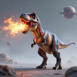 an alien t-rex bursting out flames from its mouth in an unknown planet, octane render, bokeh, coherent, 3D
