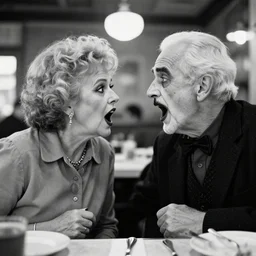 poignant portrait black and white photo of an old couple wearing kiss makeup, screaming at each other in a restaurant, nostalgia, argument