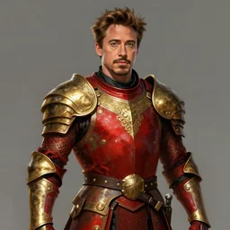 robert downey jr with medieval red and golden armor, marvel comics, highly detailed, digital painting, artstation, concept art, sharp focus, illustration by aleksi briclot, rutkowski