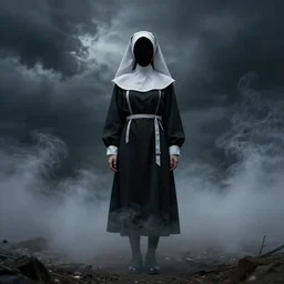 scary nun with no face in full pose, smoke, stormy, wide shot, hyper realistic, 3 5 mm photography