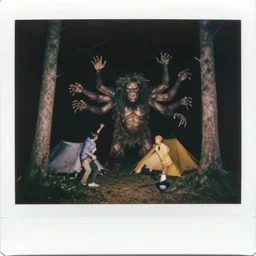 night time picture of terrifying monster 👹 with lots of arms teeth and hair, monster attacking campers, polaroid photos, old photos, strange creatures hiding in the woods, no sun, no dof
