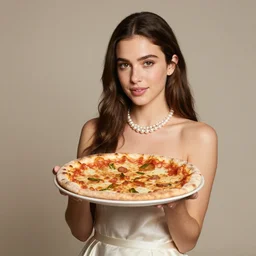 portrait of a young queen holding up a pizza to the camera, pearl necklace, silk dress, soft lighting, sharp focus, neutral background, masterpiece, photo by jimmy nelson, letizia vestrucci, letizia battaglia