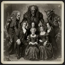 vintage photograph monochrome plate, monstrous mutant victorian family of demonic cenobite people posing with oversized lovecraftian god monsters, distressed old photo, deteriorating, grunge, antique, slight sepia tone, horror, madness