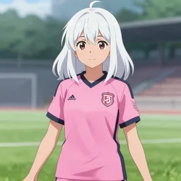 teenage hispanic girl who has shoulder length white hair wearing a pink soccer uniform, anime key visual by wlop