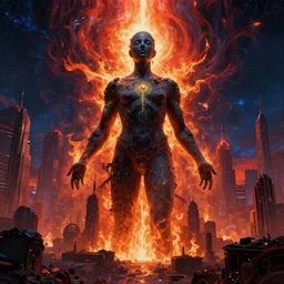 massive large human figure in center of psychdelic city blaze of glory supernova dreamworld in the underworld, surrealist and abstract digital art trending on artstation by artist Rob Gonsalves and Mark Riddick supreme peace immense knowledge black red orange navy gold dmt art