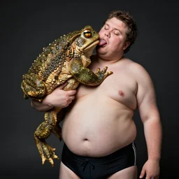 dramatic photo of a fat man in a swimsuit holding and licking the worlds largest toad