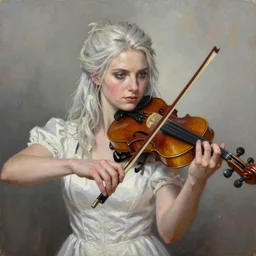 portrait of ciri from the witcher in a white dress playing the violin. by Daniel F. Gerhartz, hyperrealistic oil painting, 4k, very detailed faces, studio lightning