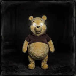 daguerreotype photograph of [ winnie the pooh ] with [ [ [ [ [ [ brightly glowing eyes ] ] ] ] ] ] standing creepily in the middle of a pitch black room, pitch black, light coming only from his eyes, creepy, dramatic lighting