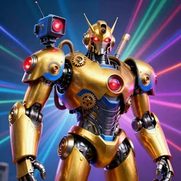portrait photo of a giant huge golden and blue metal humanoid steampunk robot, television camera on the shoulder, with gears and tubes, eyes are glowing red lightbulbs, shiny crisp finish, 3 d render, 8 k, insaneley detailed, fluorescent colors, background is multicolored lasershow