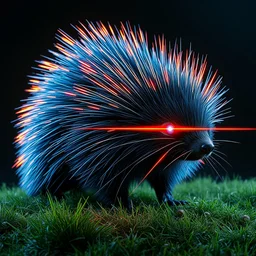 a cyberpunk porcupine with neon quills and fine blue fur with laser eyes, on a grass patch, dramatic light, highly detailed, masterpiece by ruan jia, artgerm, greg rutkowski, tom bagshaw