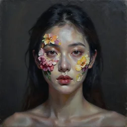 dark oil realistic painting of a woman with flowers on her face