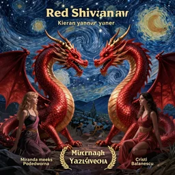 red shivan dragon against starry night, illustration, by ( kieran yanner ) ( miranda meeks ) ( anna podedworna ) ( cristi balanescu ), digital art