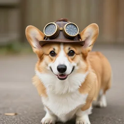 a welsh corgi wearing a steampunk hat