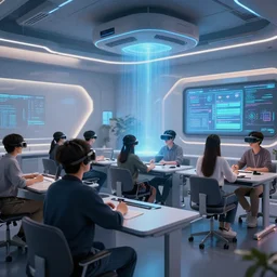 digital art, realistic photograph of students in a futuristic classroom,holograph projector,virtual reality,interior design,photorealistic,concept art,HD,extremely detailed,unreal engine,8k