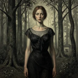 Woman masterpiece, trees in the background, by Edgar Maxence and Ross Tran, Zdzisław Beksiński, and Michael Whelan, distant, gustav dore, H.R. Giger, 8k, octane render